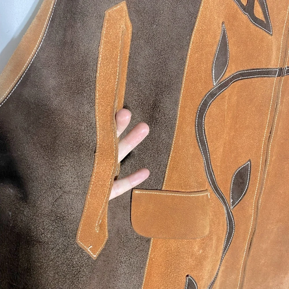 Vintage Two Tone Tan Brown Suede Leather Cape M Boho Western - Picture 12 of 16